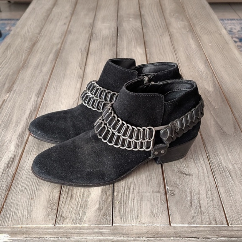 Sam Edelman Chic Black Suede Posey Ankle Booties with Studded Strap Size 6.5
